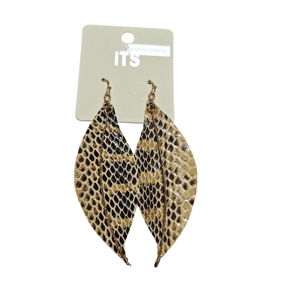 ITS Genuine Leather Leaf Gold Plated Brown Beige Hook Earrings NWT